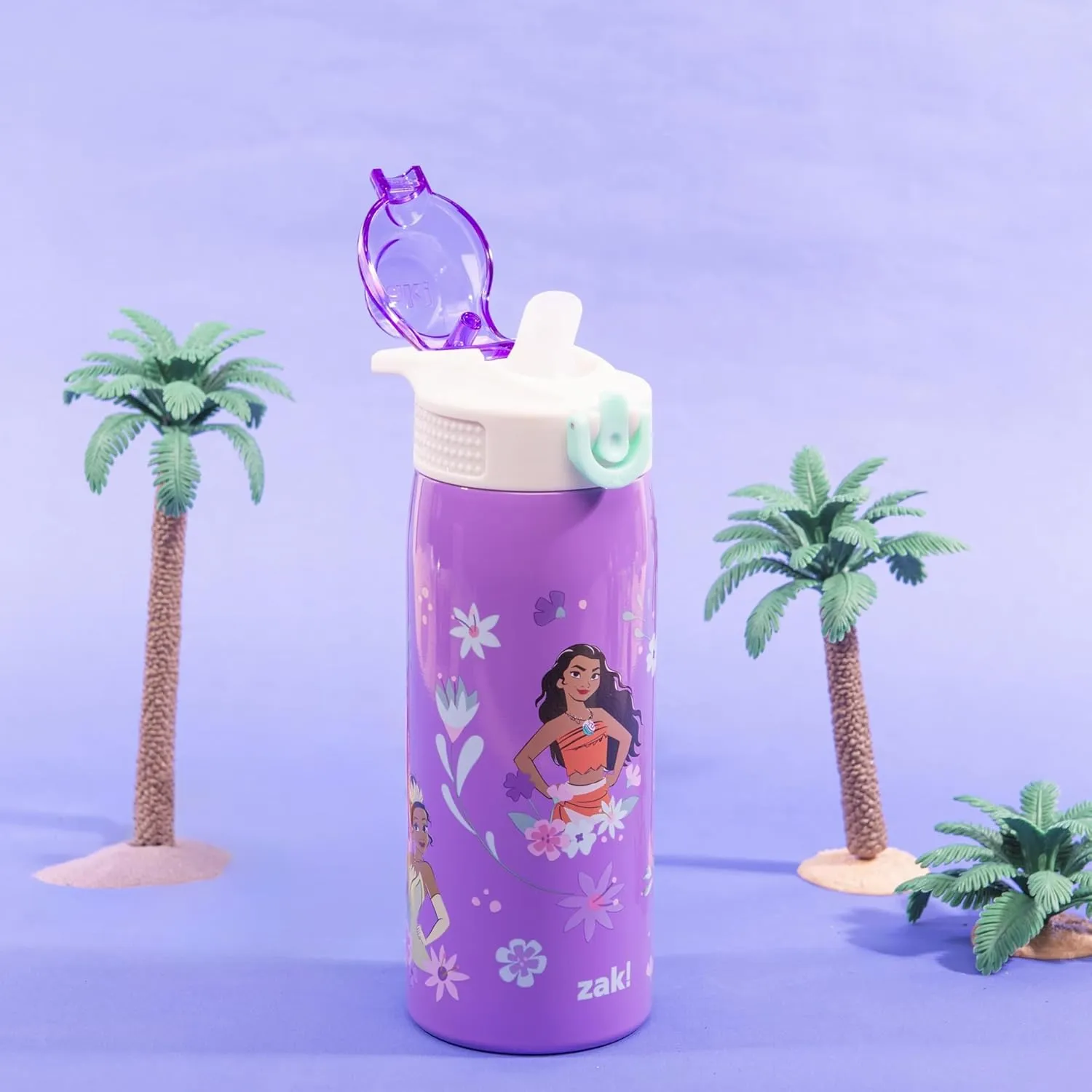 Zak Designs Disney Princess Sage Kids Water Bottle For School or Travel, 19oz Stainless Steel Water Bottle With Straw, Handle, and Leak-Proof, Pop-Up Spout Cover (Ariel, Moana, Rapunzel, Tiana)