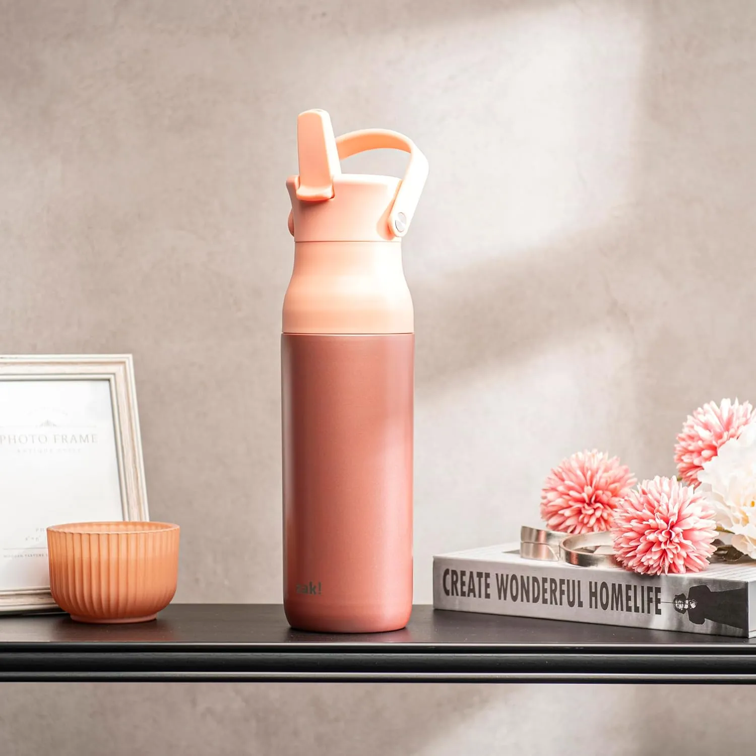 Zak Designs Harmony Water Bottle for Travel or At Home, 32oz Recycled Stainless Steel is Leak-Proof When Closed and Vacuum Insulated with Straw Lid and Carry Handle (Coral Pink)