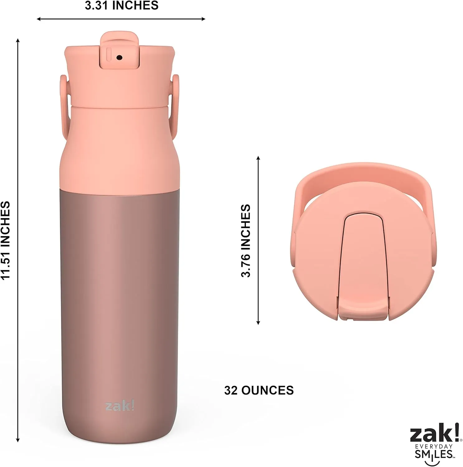Zak Designs Harmony Water Bottle for Travel or At Home, 32oz Recycled Stainless Steel is Leak-Proof When Closed and Vacuum Insulated with Straw Lid and Carry Handle (Coral Pink)