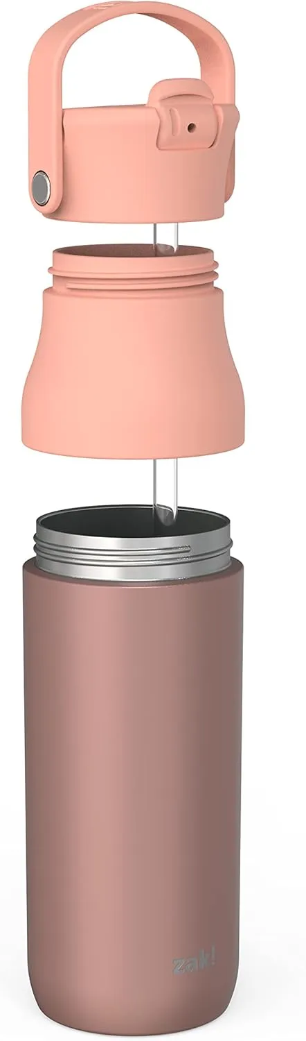 Zak Designs Harmony Water Bottle for Travel or At Home, 32oz Recycled Stainless Steel is Leak-Proof When Closed and Vacuum Insulated with Straw Lid and Carry Handle (Coral Pink)