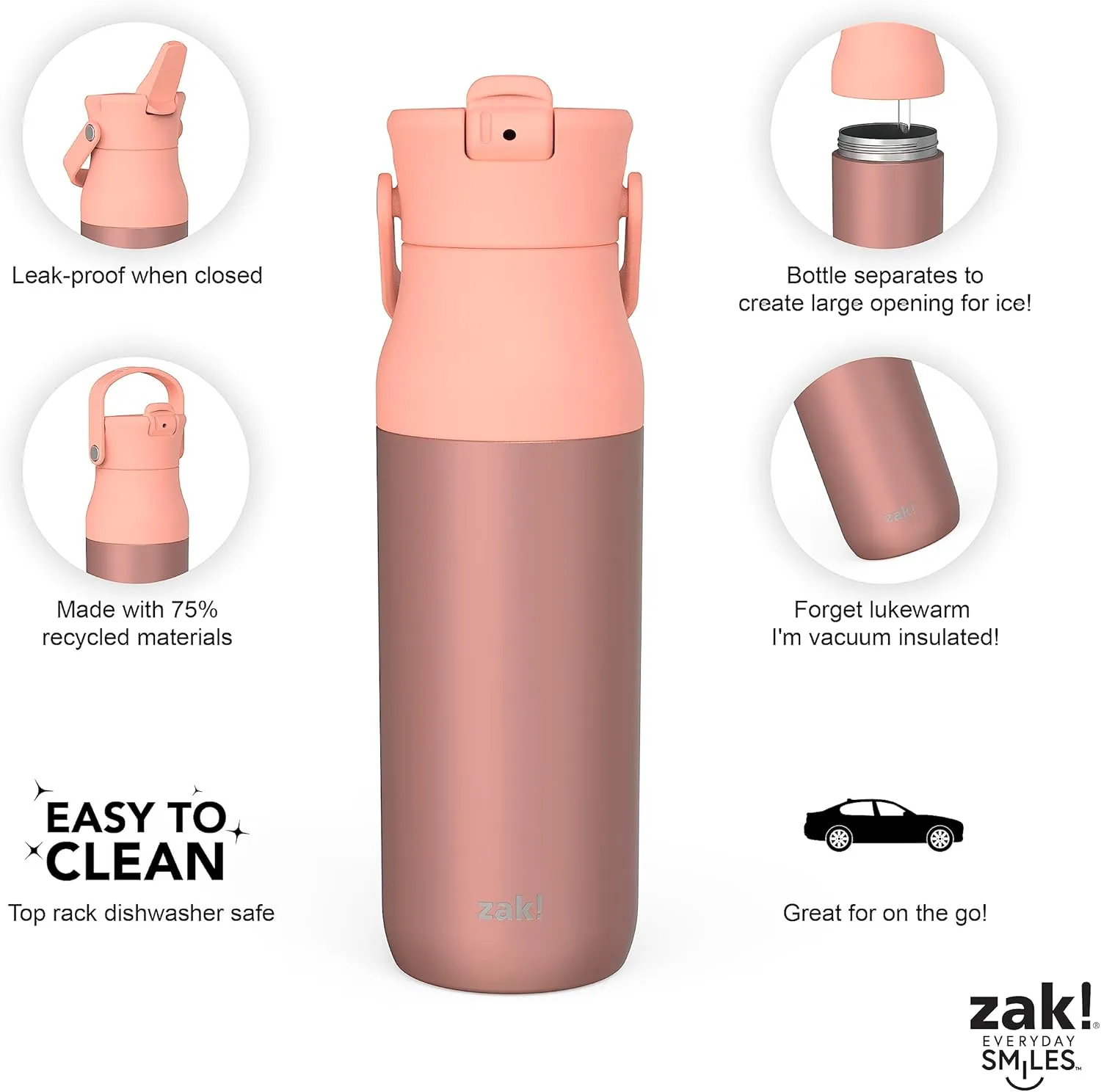 Zak Designs Harmony Water Bottle for Travel or At Home, 32oz Recycled Stainless Steel is Leak-Proof When Closed and Vacuum Insulated with Straw Lid and Carry Handle (Coral Pink)