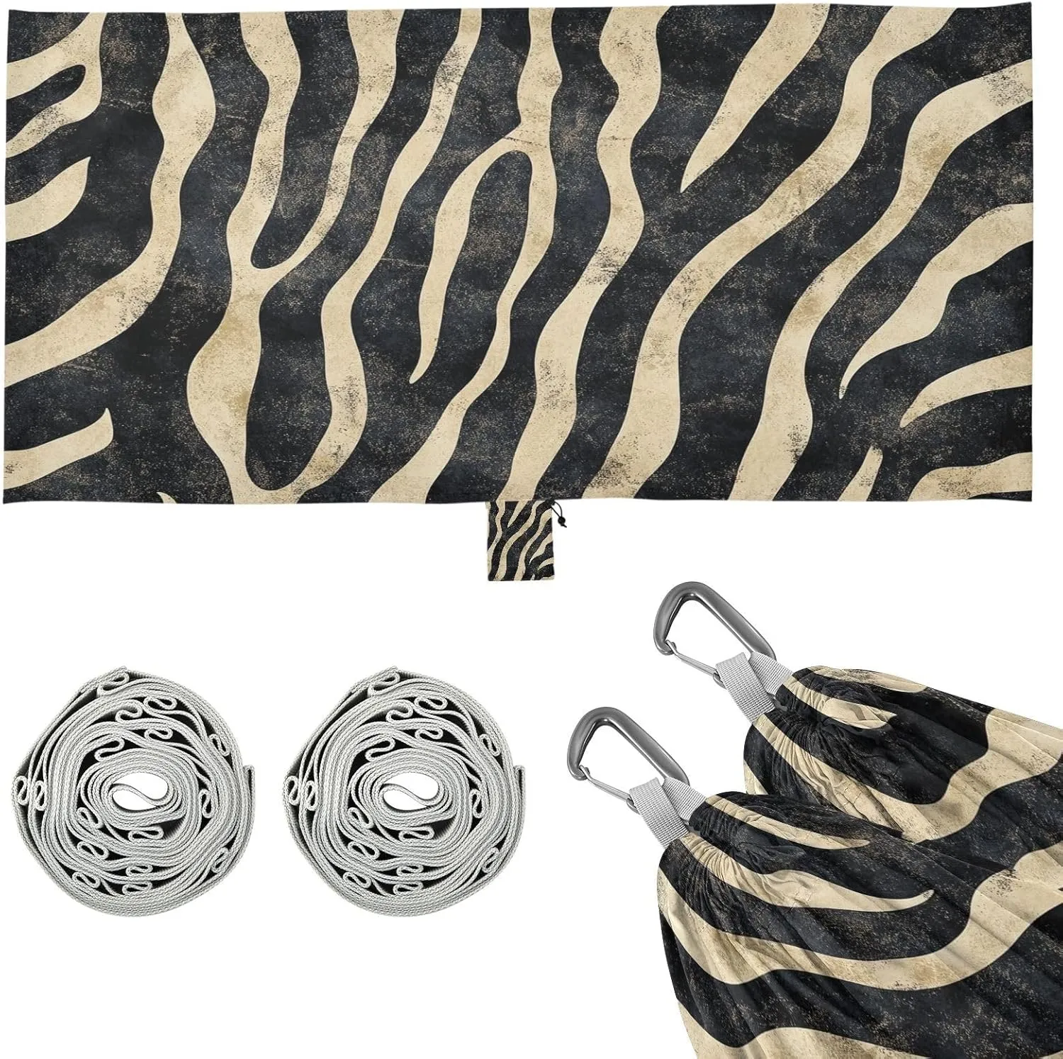 Zebra Print Camping Hammock, Single Portable Hammocks with Tree Straps & Attached Carry Bag, 330Lbs Capacity Perfect for Outside Indoor Hiking Beach Backpack Travel
