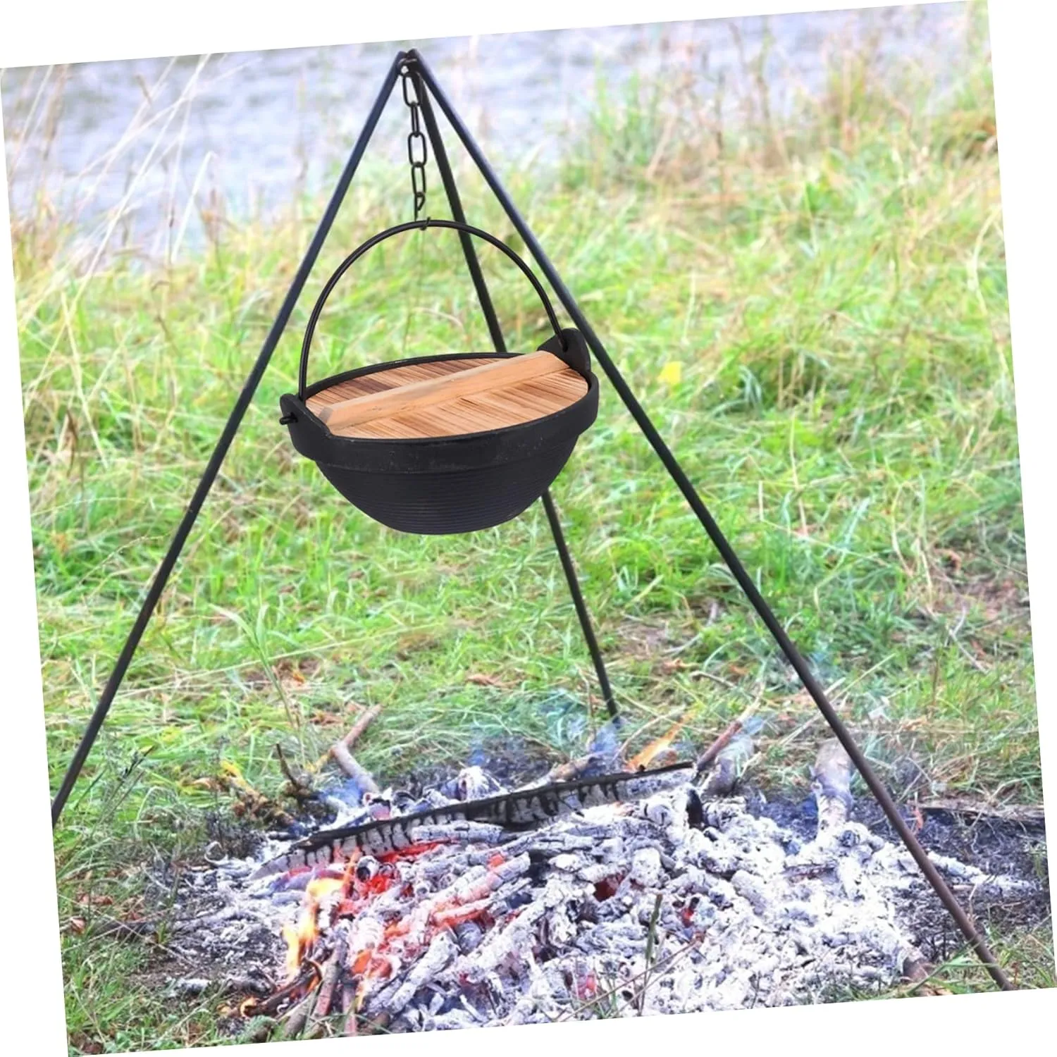 Zerodeko 1set Outdoor Cast Iron Cooking Pot with Lid Non-stick Camping Pot for Backpacking Family Gatherings Picnics Versatile Hanging Cookware for Outdoor Cooking