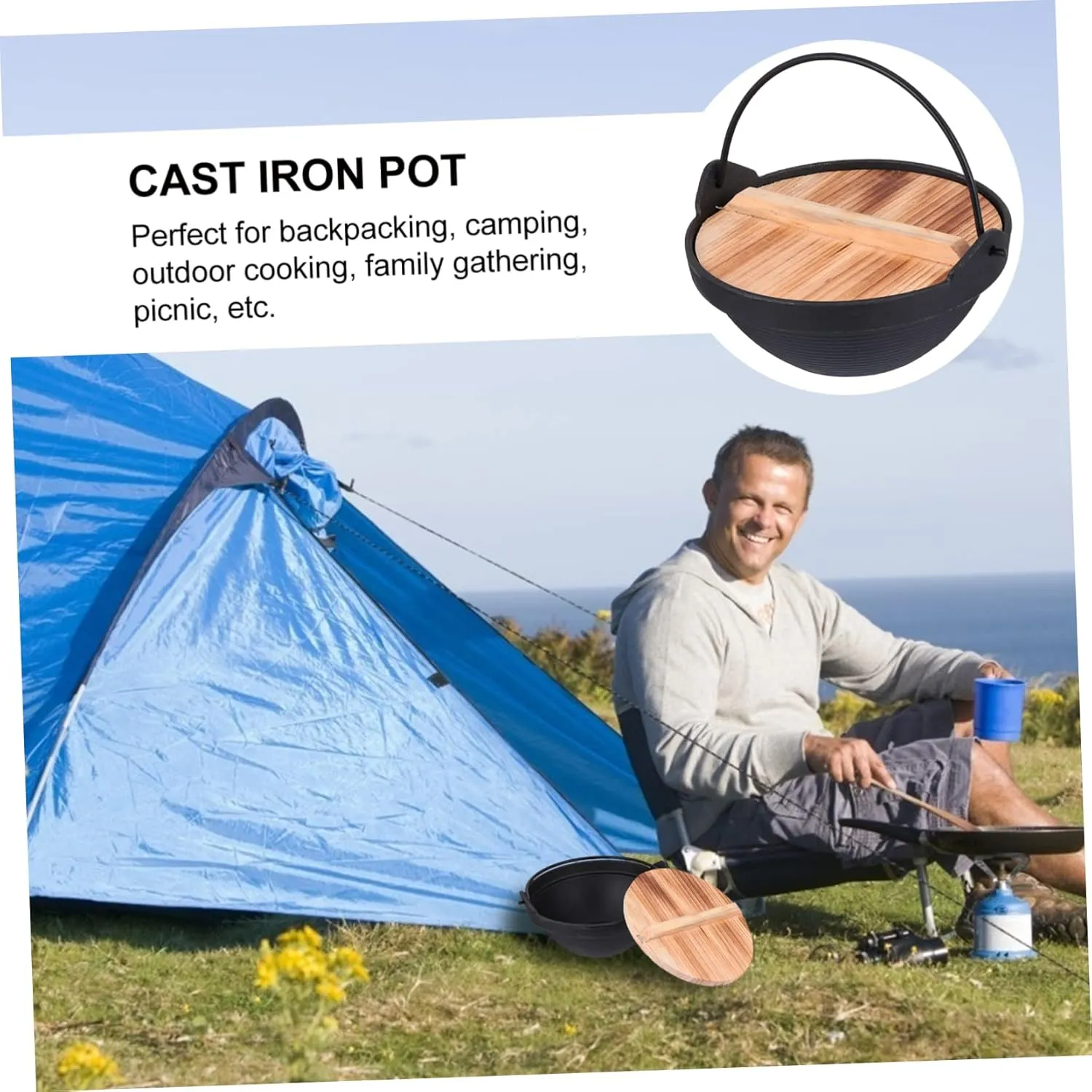 Zerodeko 1set Outdoor Cast Iron Cooking Pot with Lid Non-stick Camping Pot for Backpacking Family Gatherings Picnics Versatile Hanging Cookware for Outdoor Cooking