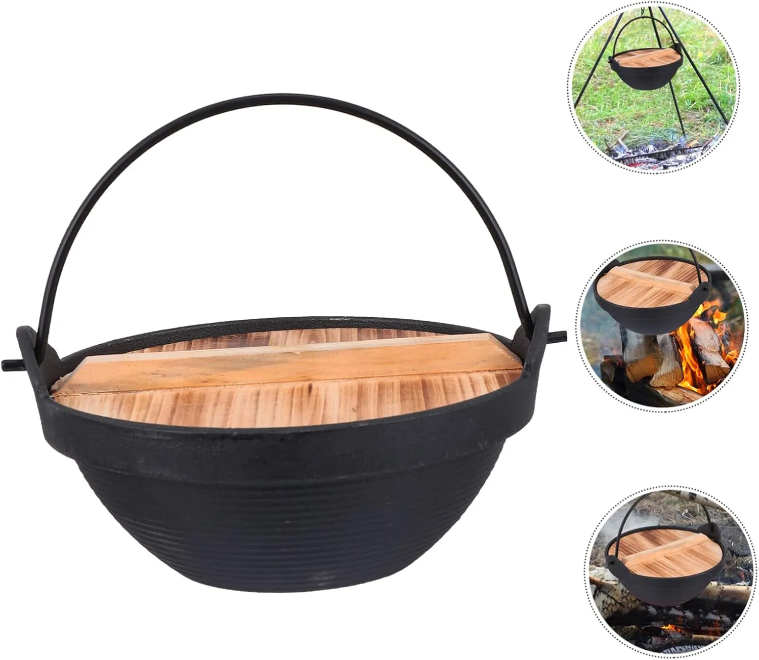 Zerodeko 1set Outdoor Cast Iron Cooking Pot with Lid Non-stick Camping Pot for Backpacking Family Gatherings Picnics Versatile Hanging Cookware for Outdoor Cooking