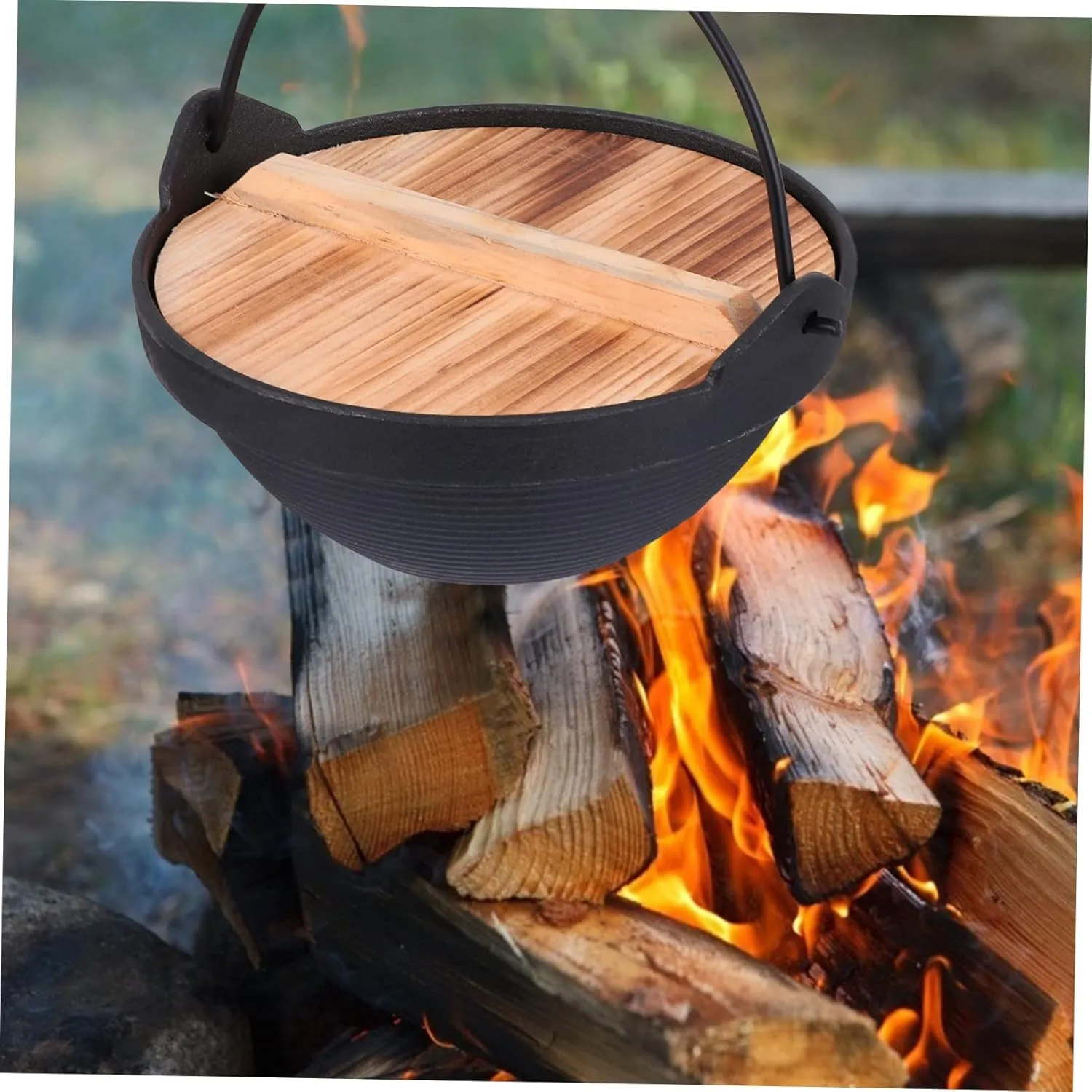 Zerodeko 1set Outdoor Cast Iron Cooking Pot with Lid Non-stick Camping Pot for Backpacking Family Gatherings Picnics Versatile Hanging Cookware for Outdoor Cooking