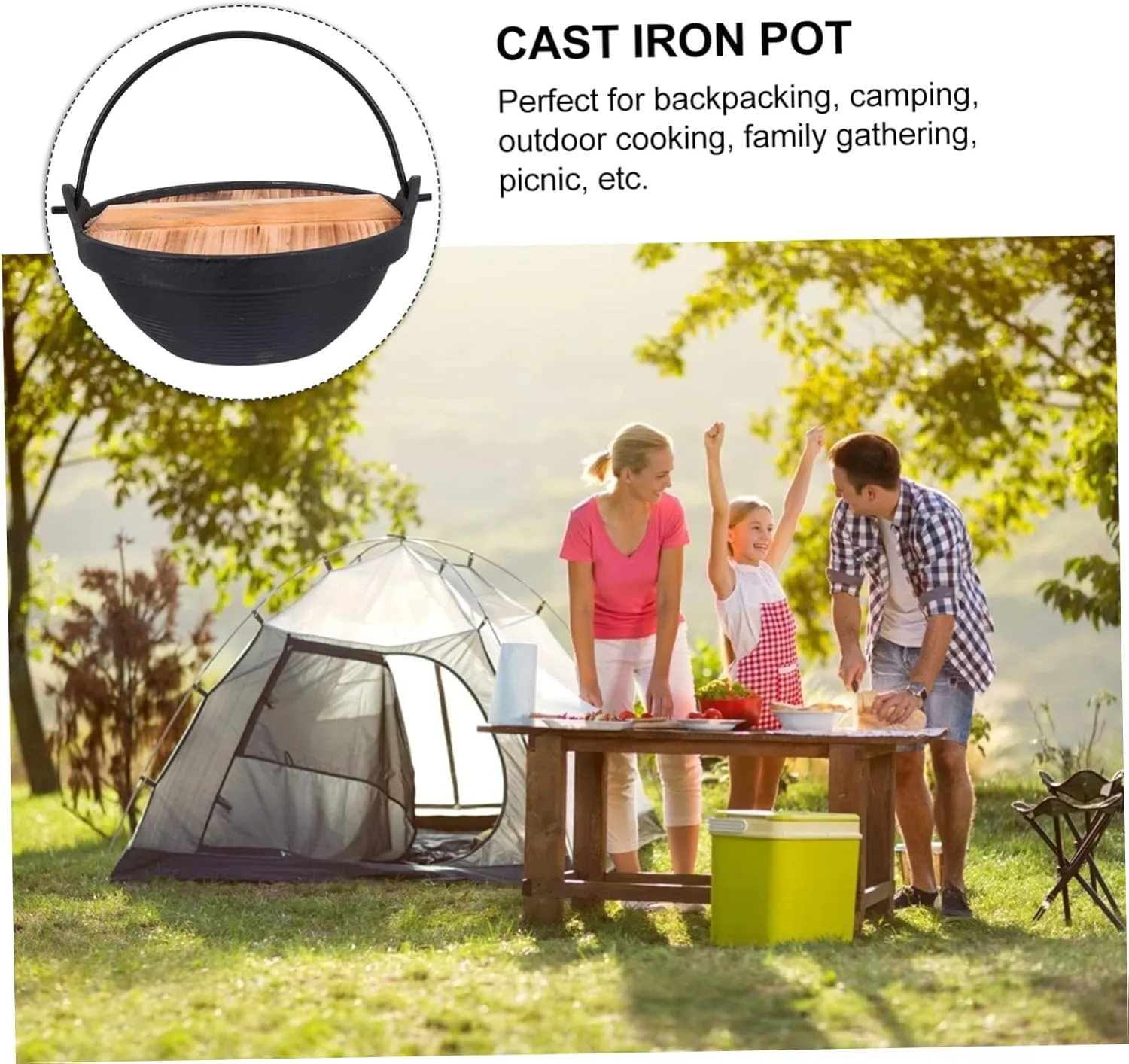 Zerodeko 1set Outdoor Cast Iron Cooking Pot with Lid Non-stick Camping Pot for Backpacking Family Gatherings Picnics Versatile Hanging Cookware for Outdoor Cooking