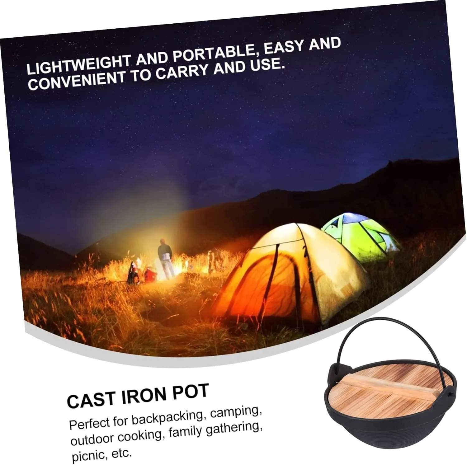 Zerodeko 1set Outdoor Cast Iron Cooking Pot with Lid Non-stick Camping Pot for Backpacking Family Gatherings Picnics Versatile Hanging Cookware for Outdoor Cooking