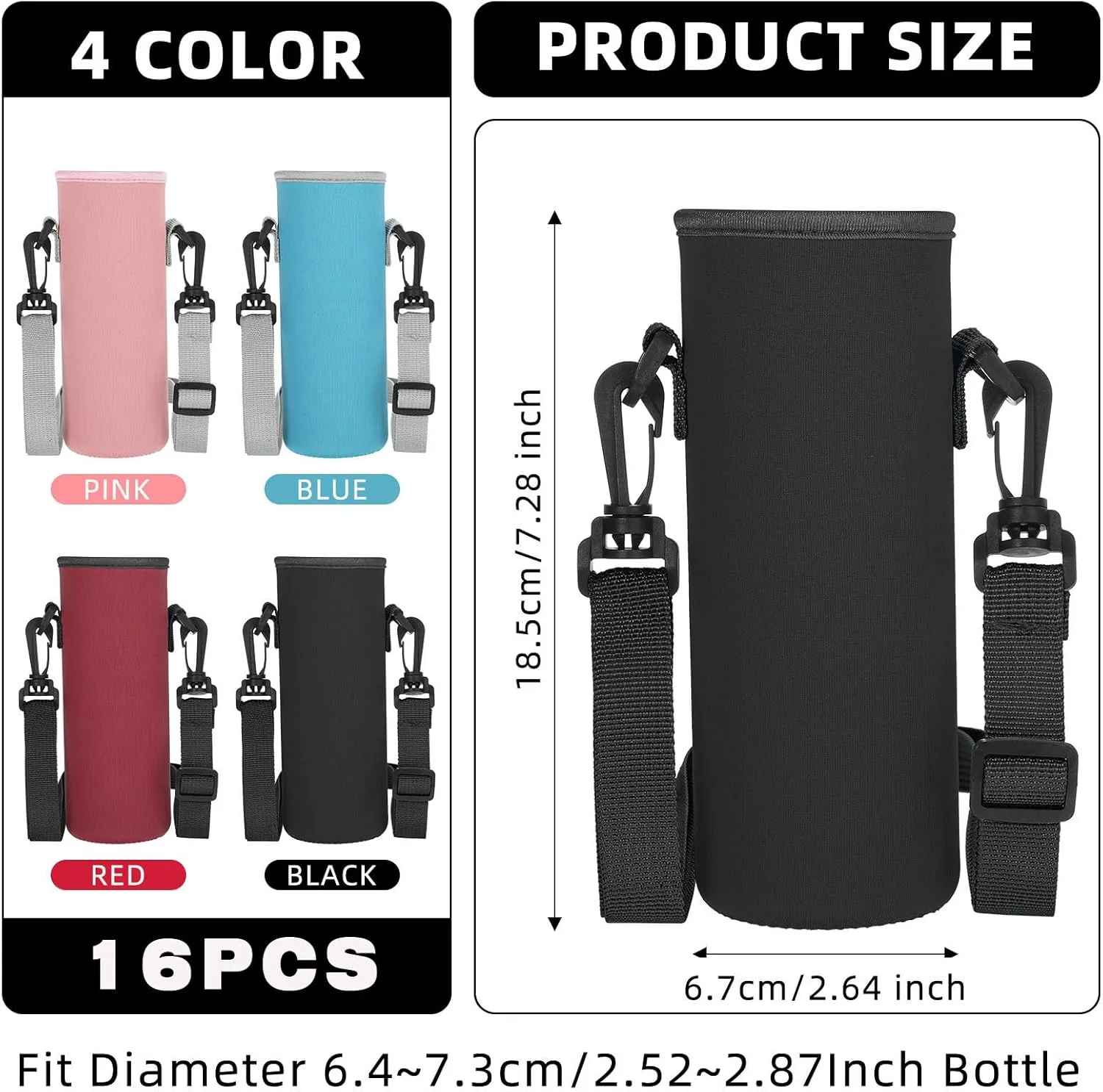 Zhehao 16 Pcs Neoprene Water Bottle Sleeve with Shoulder Strap Water Bottle Holder 32 oz Water Bottle Carrier Insulated Water Bottle Pouch Adjustable Water Bottle Sling Bag for Boys Girls