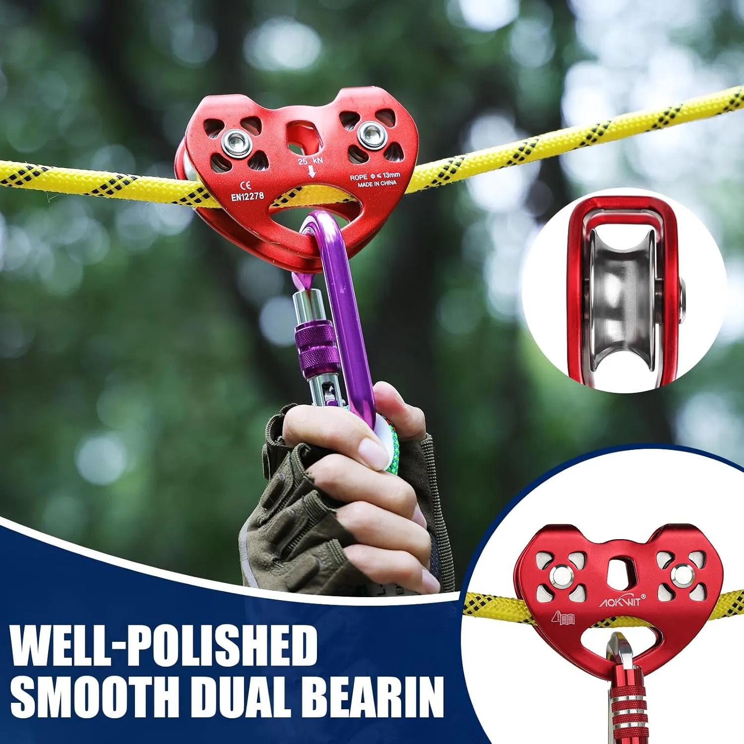 Zipline Pulley 25kn Aluminum Stainless Steel Roller Double Tandem Dual Trolley Ropes 8-13mm Climbing Pulley Cable Rope Heavy Duty for Rescue Hauling Backyard Zipline Rigging Rock Climbing Gear